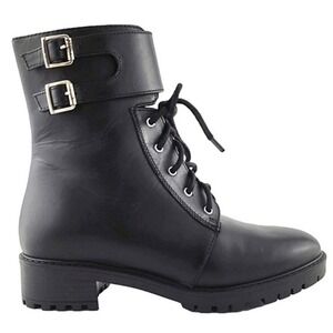 NWT Italian Shoemakers Women's Black Leather Double Buckle Combat Boots 6